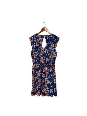 Floral Print Navy Dress With Ruffle Sleeves & Keyhole Back By 41 Hawthorn Size L